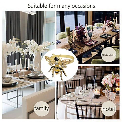 Bee Napkin Rings Set of 6, Gold Bee Napkin Holders with Rhinestones | Serviette Buckles Metal Holder for Cloth Napkins, Party Table Decor Banquet Wedding Birthday Thanksgiving Holiday Daily Use