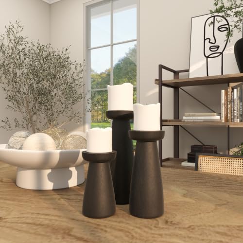 Deco 79 Mango Wood Decorative Candle Holder Pillar Candle Stand, Set of 3 Candlestick Holder 10", 6", 8" H, Black