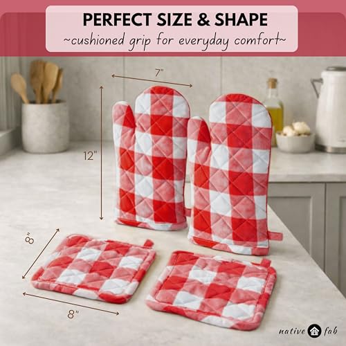 Native Fab Buffalo Plaid Check Oven Mitts and Pot Holders Set of 4, 100% Cotton Heat Resistant Kitchen Gloves, 2 Oven Mitts (7x13), 2 Pot Holders (8x8) for Cooking & Baking, Red White - color: Buffalo, Red