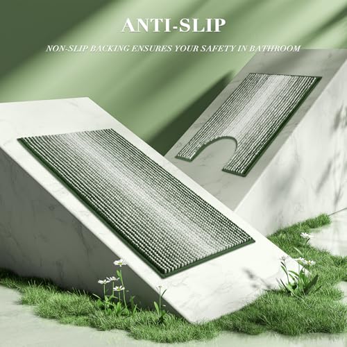 Bathroom Rugs Sets 3 Piece, Toilet Rugs U-Shaped Contour Bath Mat Set, Long Striped Absorbent Non Slip Chenille Shower Mat, Hunter Green - color: Hunter Green, size: 20"x47"+16"x24"+ U Shape 20"x24"