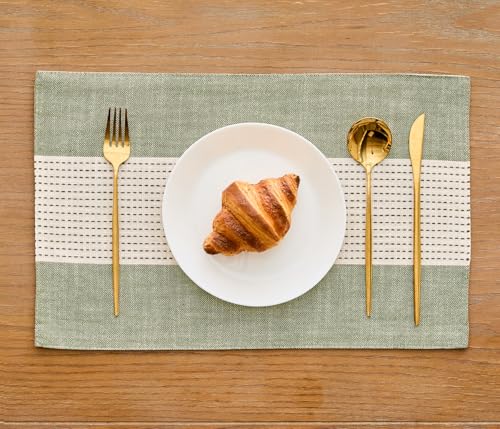 Wracra Linen Placemats, 12 x 18 Inch Set of 6 Placemats, Farmhouse Macrame Place Mats for Kitchen Table and Heat Resistant-Hemstitch Sage Green 6PCS - color: Sage Green, size: 12×18 Inch (Set of 6)