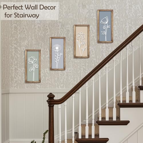 3D Wooden Floral Wall Art Decor, 4PCS 7 x 16 Inch Wood Framed Wall Art for Bathroom Living Room Bedroom Office, Rustic Farmhouse Boho Botanical Minimalist Flower Wall Hanging Decor