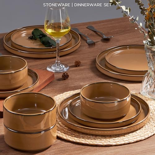 Onader Stoneware Dinnerware Sets for 4, Plates and Bowls with Unglazed Terracotta Bottom, Elegant Kitchen Ceramic Dish Dishware Set, Reactive Glaze 12 Piece - Earthy Umber - color: Earthy Umber