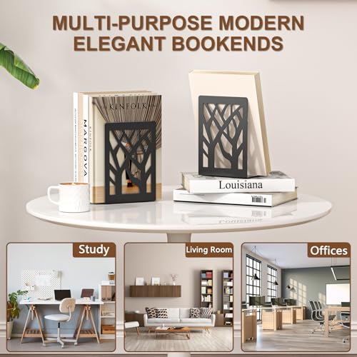 VFINE 4-Piece Modern Metal Bookends for Shelves, Black Tree Book Ends for Books, Decorative Book Organizer for Desk, Non-Skid Shelve Bookends for Home Office - style: Black bookend 2 pairs