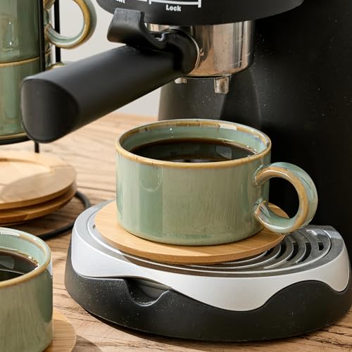 LUKA 6 Ounce Porcelain Stackable Espresso Cups with Saucers and Metal Stand Set of 4, Ceramic Cappuccino Cups Set for Specialty Coffee Drinks, Latte, Cafe Mocha and Tea, Wild Sage Earth - color: Wild Sage Earth