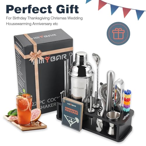 HMYBAR® 22-Piece Cocktail Shaker Set, Mixology Bartender Kit with 24oz Cobbler Shaker, Home Bar Tool Set with Black Bamboo Stand, 39 Recipe Cards, Glass Markers, Gift for Men & Dad - color: Black