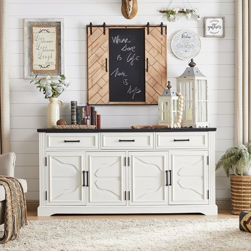 66" Farmhouse Buffet Cabinet with Storage, Sideboard Credenza, Carved Cloud-Inspired Doors, 3 Drawers & Adjustable Shelves, Coffee Bar Cabinet, Off White - color: Off White