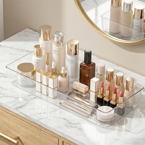 Manalete 4 Pcs Large Clear Plastic Drawer Organizer,15"x6" Vanity Organizer | Durable Clear PET Storage Bins Tray for Desk, Kitchen & Bathroom, Office, Tools, Easy Clean, Stackable, BPA-Free - size: 4 Pack 15"×6"