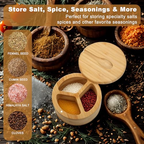 Salt Cellar - Salt Container Holder with Swivel Magnetic, 3 Compartment Salt Cellar with Lid and Spoon Holder, Wood Bowl Box, Salt and Pepper Bowls with Swivel Lid to Storage, 6OZ