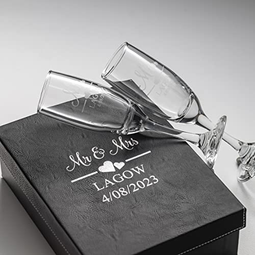 Mr and Mrs Wedding Toasting Champagne Flutes with Box, Set of 2 Glasses With Black Box, Laser engraved Tosting Flutes Engraved Personalized Glasses for Bride and Groom - color: Wedding-13, style: Glasses + Gift Box