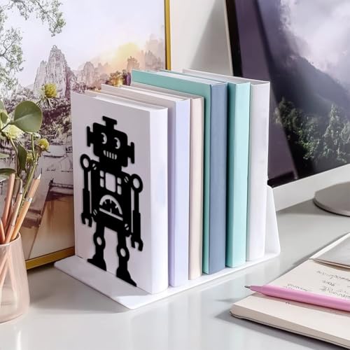 5.3"x4.3"x7.9" Metal Bookends, Heavy Duty Book Ends for Shelves | Robot Theme Cast Iron Book Supports, 1 Pair Decor Stoppers for Desk, Library, Office & Home Shelves - style: Robot