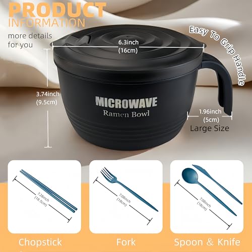 Layron 2 Sets Microwave Ramen Cooker Bowl 45 oz Instant Noodle Bowl with Handles Ramen Noodle Cooker with Spoon Chopsticks Fork Knife College Dorm Room Essentials(Black, Black) - color: Black