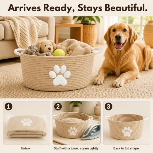 Dog Toy Basket with Handles, Boho Cotton Rope Storage Bin Organizer | Warm boho dog toy organizer, natural woven look. Holds toys, blankets & leashes. Machine washable, collapsible rope bin - color: Khaki / White Paw