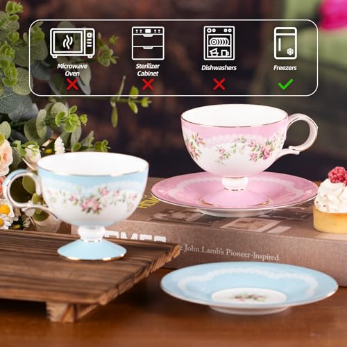 KAMMAK Tea Cups Set of 2,Ceramic Floral Pattern Demitasse Cup | Porcelain Espresso Cup with Saucer, 6.52 oz Handmade Elegant Bone China Tea Cups for Latte, Americano, Cappuccino - color: Beautiful in Pink (Light Pink + Light Blue)