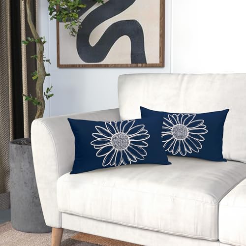 Navy Blue Daisy Flowers Lumbar Pillow Covers Spring Summer Floral Bloom Decorative Pillow Cases Seasonal Modern Throw Pillows 12X20 Inch Set of 2 Farmhouse Home Decor for Sofa Couch