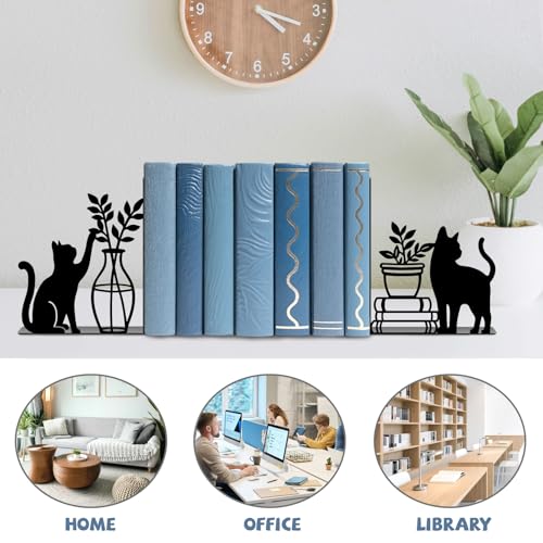 Metal Bookends Cat and Vase Book Ends for Shelves | Cat Bookends Decorative Unique Desk Bookend Black Non-Skid Book Stopper for Home Reading Bookshelf Decor Book Lovers Gift - style: Cat and Vase