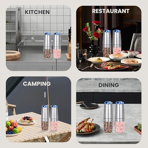 Battery Operated Salt And Pepper Grinder Set 2 Pack (Silver) | Gravity-Activated Automatic Grinder With Led Light & Adjustable Coarseness, Each Uses 6 Aaa Batteries,Kitchen Daily Seasoning - color: Battery/2pcs/Silver