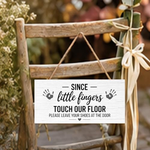 Since Little Fingers Touch Our Floor Please Take Your Shoes Off Welcome Wooden Hanging Sign for Outdoor - color: Pink