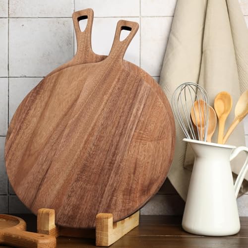16.9 x 12.6 Inch Large Acacia Wood Cutting Board with Handle Large Round Wooden Cutting Boards Cutting Serving Board for Kitchen Meat Bread Cheese Pizza Vegetables Board Wedding Housewarming Gift - color: Large Acacia Wood, size: 16.9 x 12.6 Inch