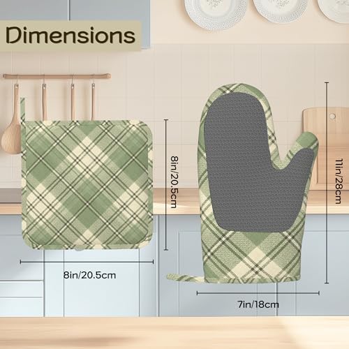 Green Plaid Oven Mitts and Pot Holders Set of 4, Heat Resistant Non Slip Kitchen Gloves Hot Pads, Chef Cooking Baking Gifts for Women Bakers, Kitchen Gifts for Cooking Lover Cooks Mom - color: Green Plaid