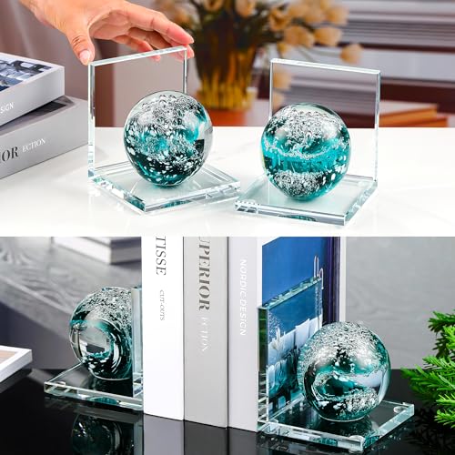 Glass Book Ends for Shelves, Dark Blue Hand Blown Sea Wave Ball, Set of 2 - color: Dark Blue