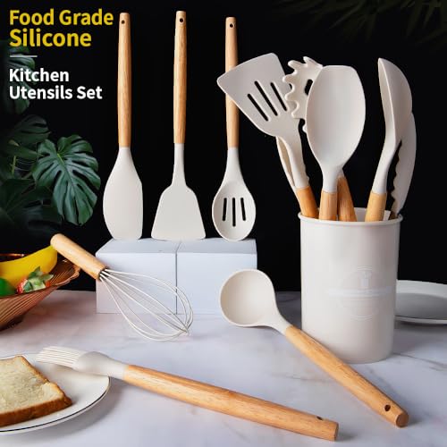Silicone Cooking Utensils Set, 12Pcs Large Heat Resistant Kitchen Utensils, Turner Tongs, Spatula, Spoon, Wooden Handle Kitchen Gadgets with Holder for Nonstick Cookware, Dishwasher Safe (White) - color: White