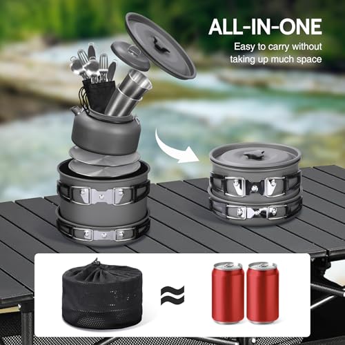 REDCAMP 6/10/11/12/14/15/19 PCS Camping Cookware Mess Kit Camping Gear Campfire Utensils Lightweight Stackable Pot Pan Bowls Soup Spoon with Storage Bag for Camping, Backpacking, Outdoor Cooking - style: Grey,16pcs W/Kettle