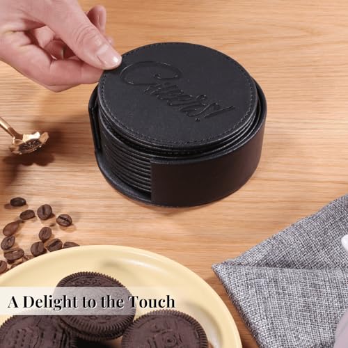 Coasters for Drinks Set of 6 with Holder, 6-Piece Leather Coasters with Embossed Cheers Marks - Durable Drink Coasters Set for Home, Bar, or Office - Black - color: Black