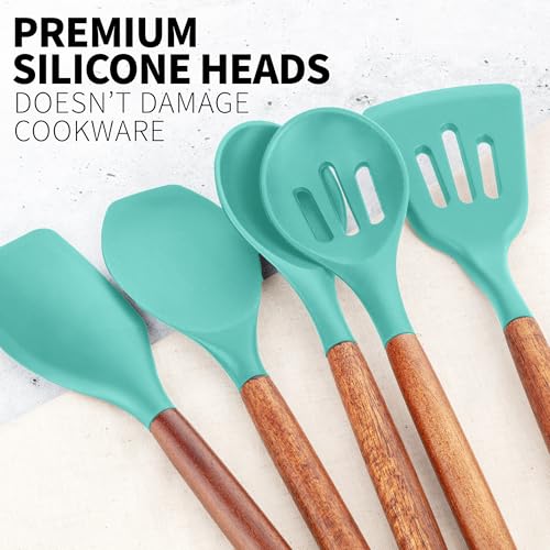 Zulay Kitchen 5 Piece Silicone Utensil Set | Non-Stick Silicone Cooking Utensils Set with Acacia Wood Handles - 464°F Heat Resistance Kitchen Utensils Set - Mint - color: Mint, size: 5-Piece Set