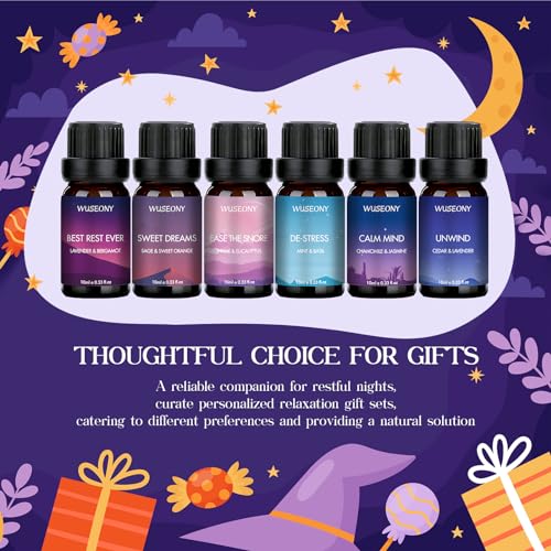 WUSEONY Sleep Essential Oils Set for Diffusers for Home, Set of 6 Essential Oil Blend Aromatherapy - Eucalyptus, Jasmine, Orange, Lavender, Cedar, Mint - color: Sleep