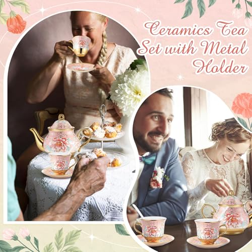 Zhehao 20 Pcs Porcelain Tea Set with Metal Holder and Spoon Adult Ceramic Tea Set European Flower Painting Teapot Cup Saucer Spoon for Women Mom Gift, Large Version (Pink Style) - color: Pink Style