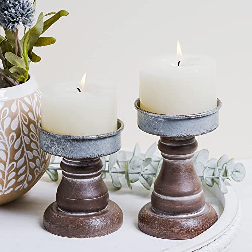 GenMous&Co. Decorative Candle Holders Pedestal Rustic Wood for Pillar Candle Farmhouse Candlestick Holder Galvanized Plate for Mantel, Dining Table, Centerpiece,Coffee Bar,Set of 2(Brown