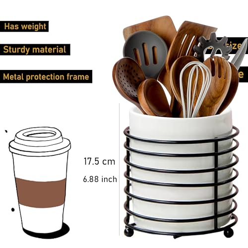 Utensil Holder for Kitchen Counter Large Cooking Utensil Holder,Black Ring Metal Frame and White Ceramics - color: White Black, size: XL
