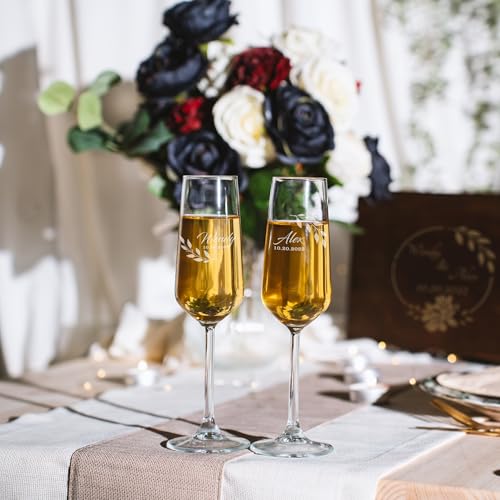 Personalized Champagne Flutes with Names – Minimal Laurel Design Engraved Wedding Glasses, Custom Name & Date Champagne Flute, Wedding Toast Glasses (Champagne Flutes-D6) - color: Champagne Flutes-D6