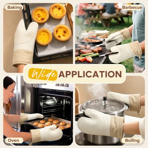 Silicone Oven Mitts 2 PCS, Heat Resistant Non-Slip Cotton Lining for Baking | 11.3 "x 7" 500 ° F White