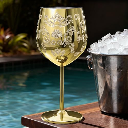 Lifecapido Stainless Steel Wine Glasses Set of 2, 18oz Etched Gold Wine Goblets, Unique Wine Glasses with Intricate Baroque Engravings for Party Wedding Anniversary - color: Gold