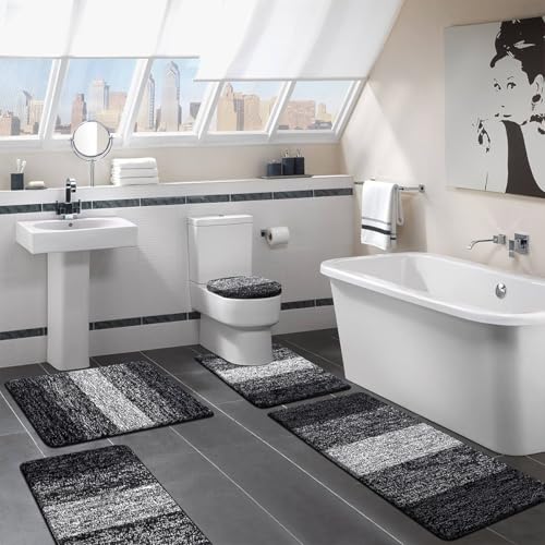 Bsmathom Bathroom Rug Set 5 Piece, Plush Microfiber Bath Mat, Black | Extra Water Absorbent, Non Slip Washable Runner Bath Rugs with Toilet Lid Cover and U-shaped Contour Toilet Mat - color: Black, size: 18"x26"+20"x31"+20"x48"+U20"x24"+Cover19"x21"