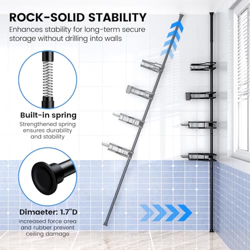 Aitatty Corner Shower Caddy Tension Pole: 4tier adjustable Rustproof Bathroom Organizer Shelves - Bathtub shampoo rack 43.5-120 inch