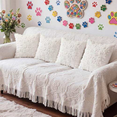 Tiamon 4 Pcs Paw Pillow Covers Paw Print Throw Pillow Covers 18 x 18 Inch Animal Pet Dog Cat Footprints Plush 3D Faux Fur Jacquard Embroidered Cushion Cases for Bed Sofa Couch Decorations - style: White Paw