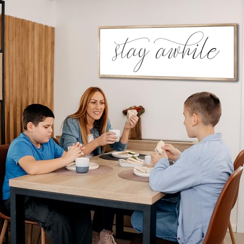 Rutiyoka Stay Awhile Sign Framed Farmhouse Dining Room Wall Decor Large 42"×15" Wood Kitchen Wall Art Brown - color: stay awhile (brown frame)