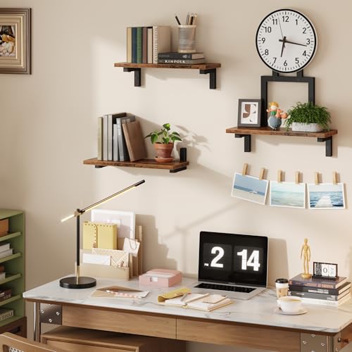 Floating Wall Shelves Set of 3 with Clock, 15 Inch | Wood Shelves, Rustic Finish, Wall Mounted, Storage Display, Farmhouse Style, Living Room, Bedroom, Bathroom, Kitchen