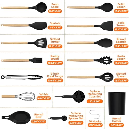 33Pcs Kitchen Utensils Set Silicone Cooking Utensils Set with Wooden Handle | Heat-Resistant, Dishwasher Safe, BPA-Free Silicone Kitchen Utensil Set with Wooden Handles & Holder for Nonstick Cookware - color: Black
