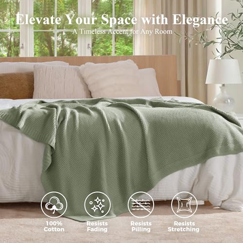 100% Cotton Cable Knit Throw Blanket, Large Lightweight Soft Knit Blanket for Sofa Couch Bed, Breathable All-Season Throw, Cozy Decorative Blanket, 60 x 80 Inch,Sage - color: Sage, size: Twin(60" X 80")