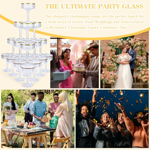 30 Pack Clear Champagne Tower Glasses 7OZ Plastic Martini Glasses Champagne Coupe Glass Cocktail Glass with Gold Rim Champagne Flutes Stackable Stemmed Coupe Glass for Weddings Birthday Party - color: Clear
