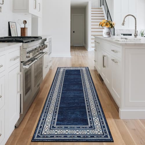 Modern Washable Runner Rug 2x6 Non Slip Bordered Solid Area Rugs, Washable Kitchen Mats Bedside Rug, Stain Resistant Soft Bathroom Carpet, Foldable Runners for Hallways, Entryways, Blue | Non Slip Non Shedding Stain Resistant Neutral Textured Solid Foldab