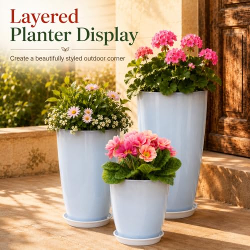 Neoaider Set of 3 Tall Planter, 24/21/12in Large Plastic Planter, WhiteJade | Ceramic-Look, Lightweight, Built-in Drain Hole, Saucers, Tall Outdoor Planter for Porch, Garden, Patio, Balcony - color: White Jade