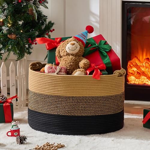 KAKAMAY Large Blanket Basket (20"x13"),Woven Rope Baskets for storage Baby Laundry Hamper, Cotton Rope Blanket Basket for Living Room, Laundry, Nursery, Pillows,Baby Toy chest (Jute/Black) - color: Black