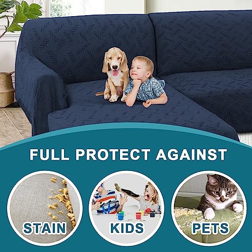 Turquoize Sectional Couch Covers L Shape Couch Cover Sectional Sofa Cover Washable 2 Pieces Couch Covers for Sectional Sofa Feature Geometrical Woven Jacquard Fabric (71" x 102"+63" x 110", Navy) - color: Navy, size: Small Sectional: 71" x 102"+63" x 110"