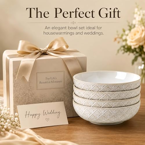 22 Oz Pasta Bowls Set of 4, Ceramic Soup Bowls, 8 inch Large Serving Bowl, Porcelain Kitchen Embossed Dish for Salad, Fruit, Rice, Desserts, Housewarming Wedding Gifts, Dishwasher Safe - color: Floral 2