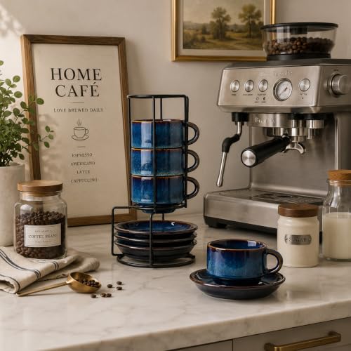 JIEMEI HOME Porcelain Stackable Cappuccino Cups with Saucers and Metal Stand, 7 Ounce Espresso Cups for Latte Coffee Cafe, Specialty Coffee Drinks, Cappuccino and Tea - Set of 4, Midnight Tide - color: Midnight Tide